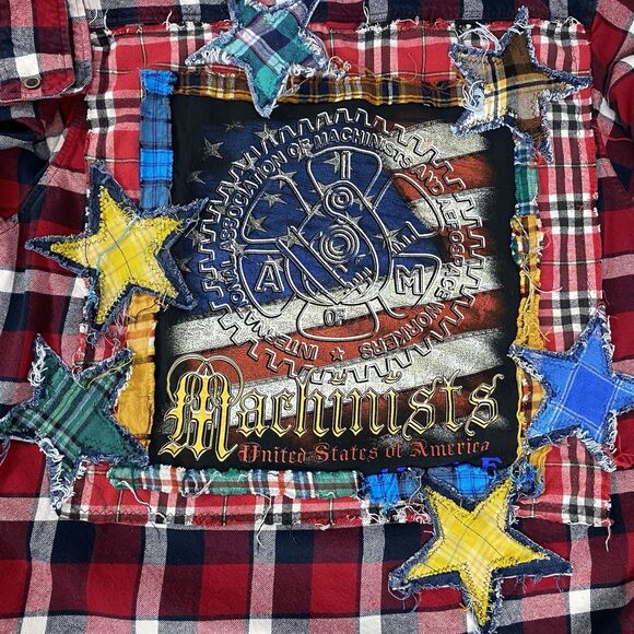 Upcycled Flannel Shirt Shacket Womens 3XL Machinist Grunge Patchwork Folk Art - Picture 11 of 14